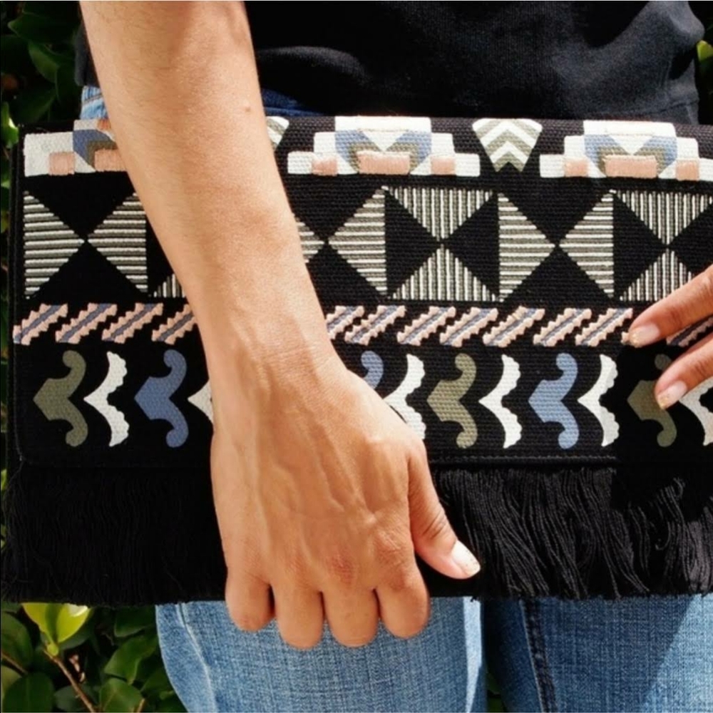 Stella and Dot Black Embroidered Taj Clutch
